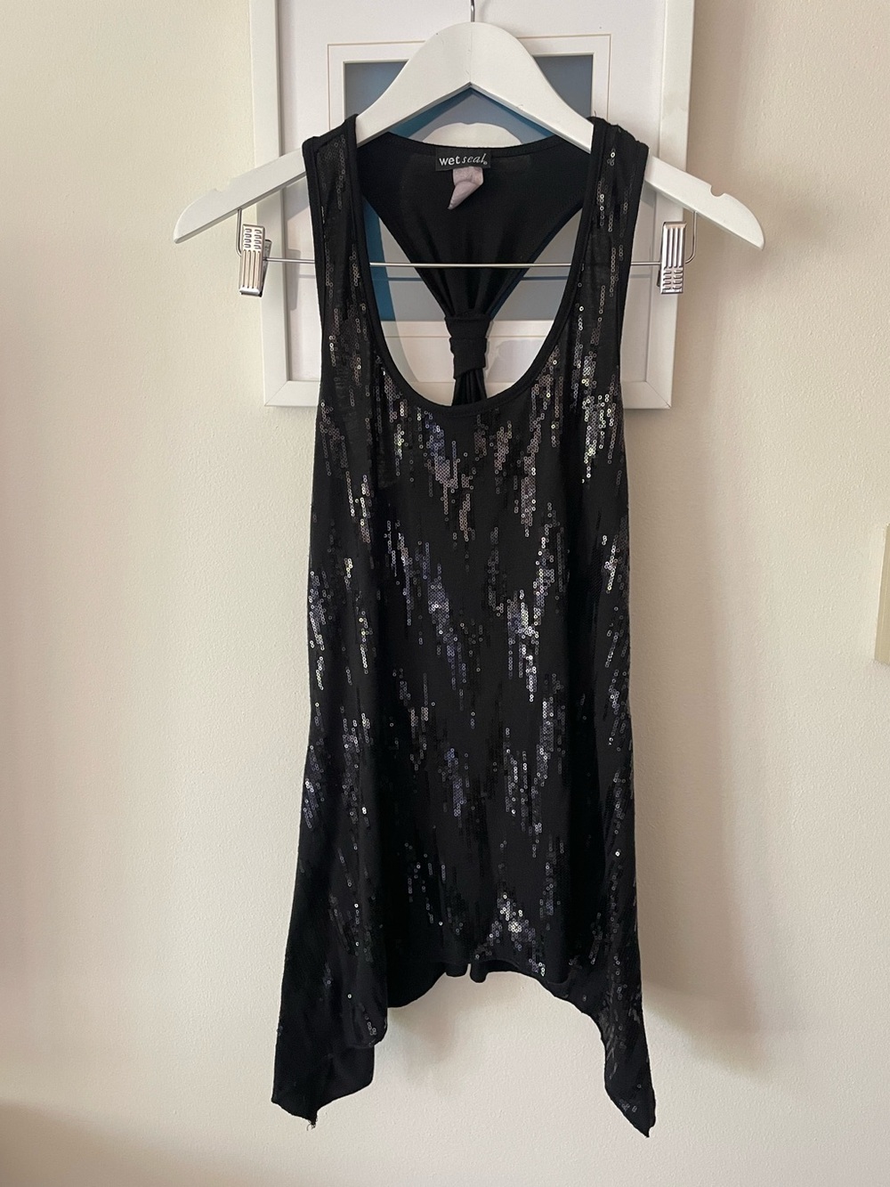 Wet Seal Y2K Style McBling Sequin Shark Bite Tank Top Cami Black Medium